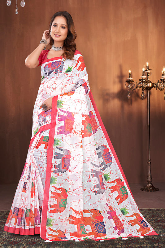White Cotton Saree with Pink Elephant Crackle Print