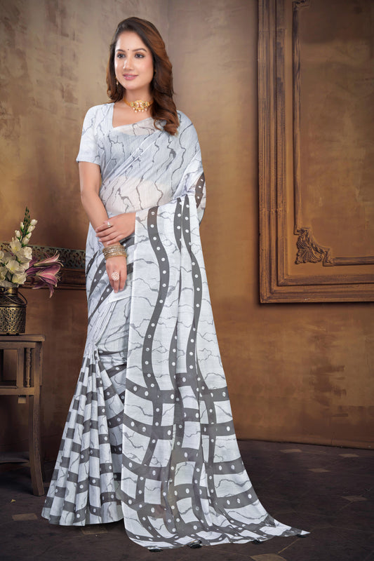 White Cotton Saree with Abstract Geometric Crackle Print