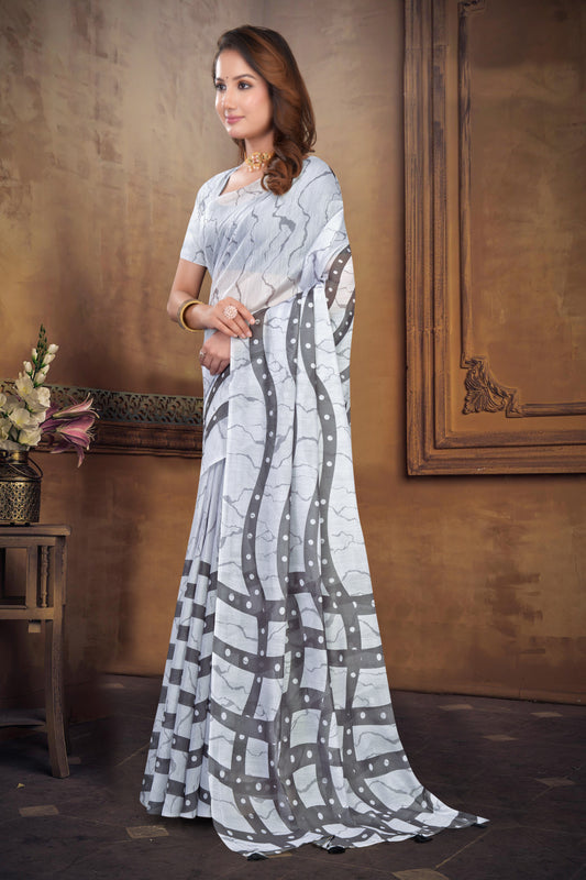 White Cotton Saree with Abstract Geometric Crackle Print
