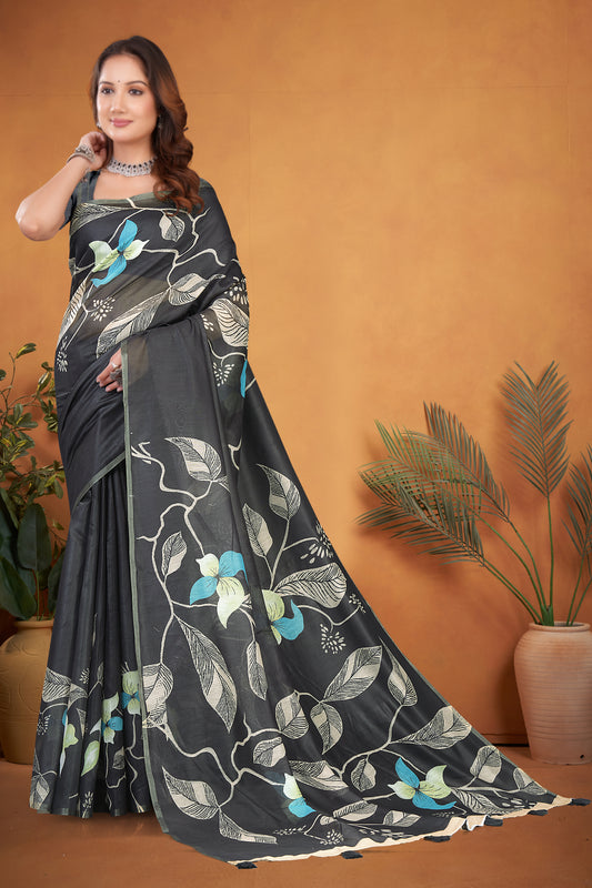 Black Cotton Saree with Vivid Turquoise Botanical Floral Print