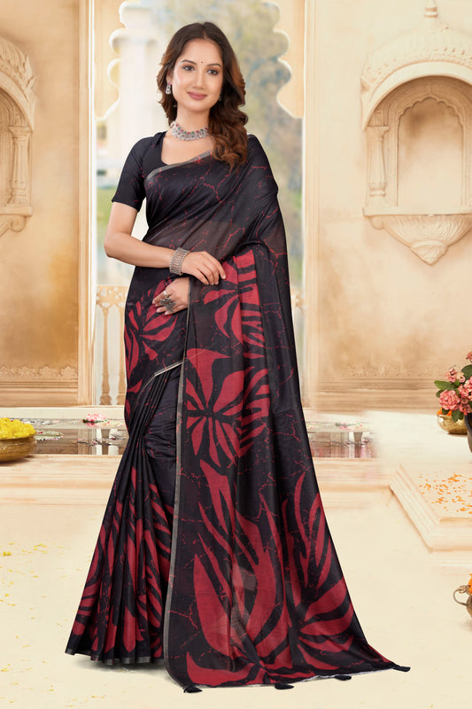 Black Cotton Saree with Red Floral Crackle Print and Gold Zari Border