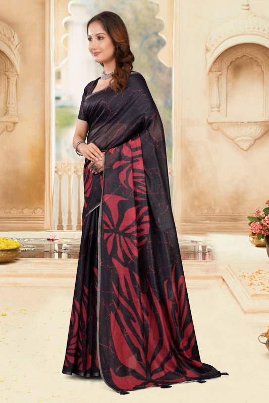 Black Cotton Saree with Red Floral Crackle Print and Gold Zari Border