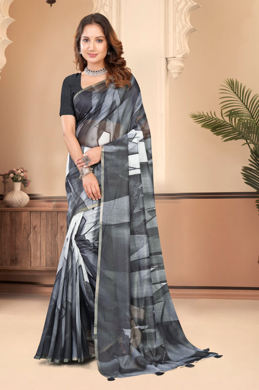 Grey Cotton Saree with Abstract Geometric Print and Gold Zari Border