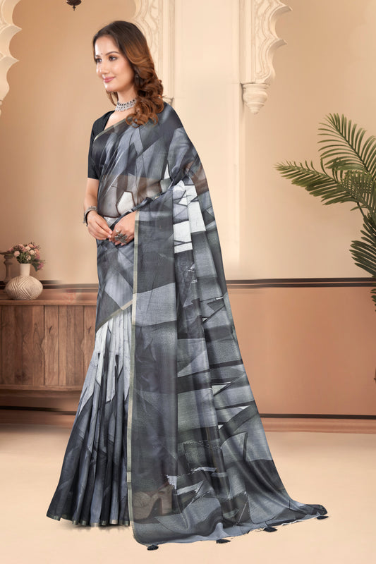 Grey Cotton Saree with Abstract Geometric Print and Gold Zari Border