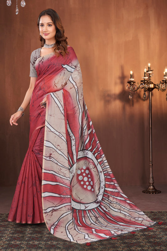 Cotton Saree with Sunburst Crackle Print and Gold Zari Border