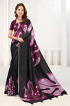 Black Cotton Saree with Deep Plum Floral Print and Gold Zari Border