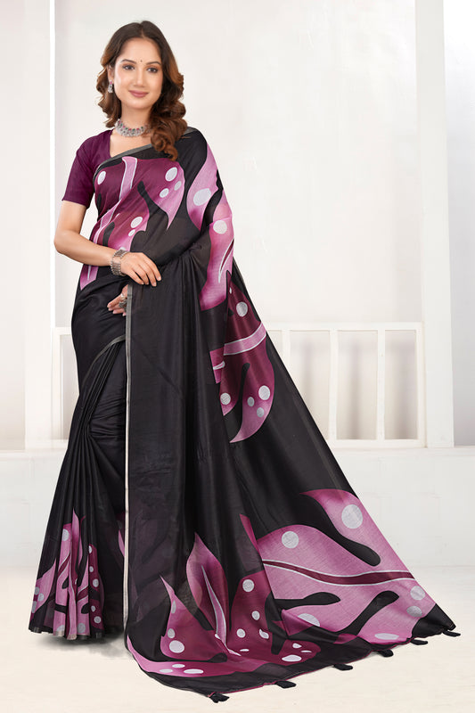 Black Cotton Saree with Deep Plum Floral Print and Gold Zari Border