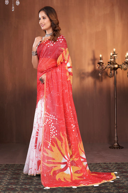 Cotton Saree with White Sunburst Crackle Fusion Print and Gold Zari Border