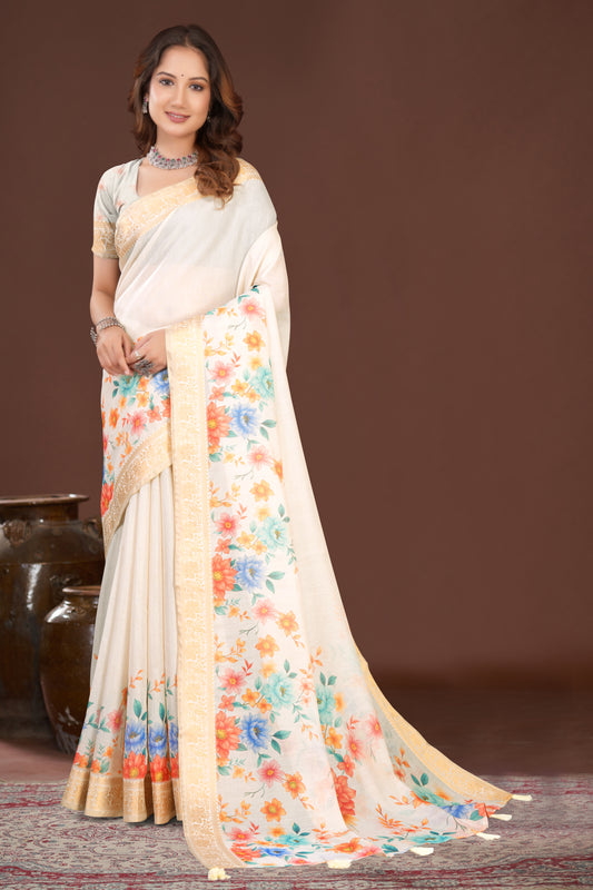 Kanjivaram Silk Saree with Vibrant Botanical Print and Zari Border