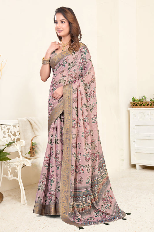 Dusty Pink Kanjivaram Silk Saree with Floral Print and Zari Border