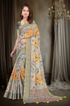 Grey Kanjivaram Silk Saree with Botanical Print and Zari Border