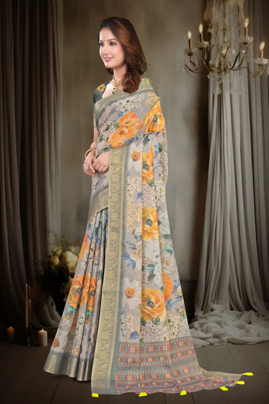 Grey Kanjivaram Silk Saree with Botanical Print and Zari Border