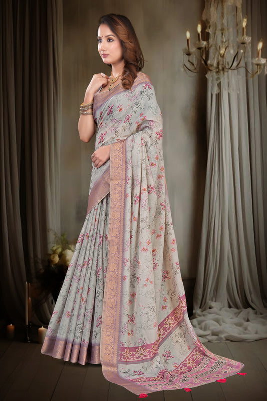 Grey Kanjivaram Silk Saree with Pink Floral Print and Zari Border