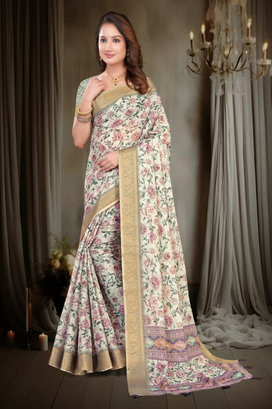 Kanjivaram Silk Saree with Floral Print with Zari Border