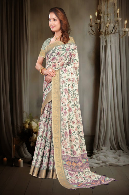 Kanjivaram Silk Saree with Floral Print with Zari Border
