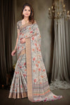Grey Kanjivaram Silk Saree with Floral Print and Zari Border