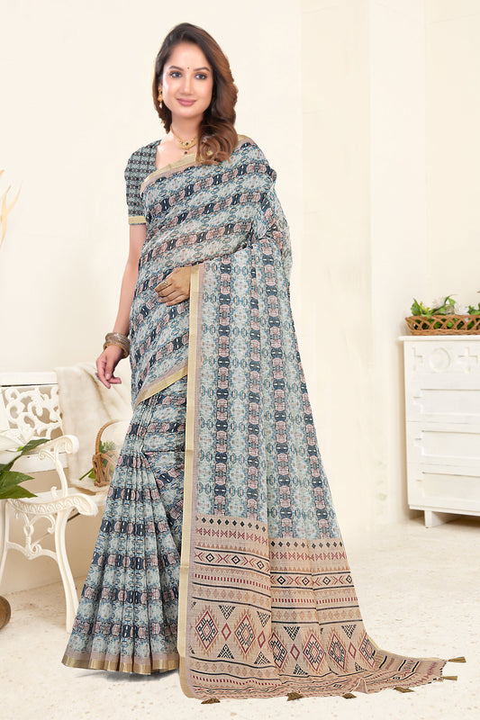 Grey Linen Saree with Ajrakh Block Print and Gold Zari Border