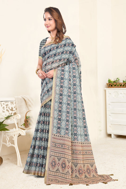 Grey Linen Saree with Ajrakh Block Print and Gold Zari Border