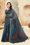 Black Linen Saree with Abstract Mandala Print and Gold Zari Border