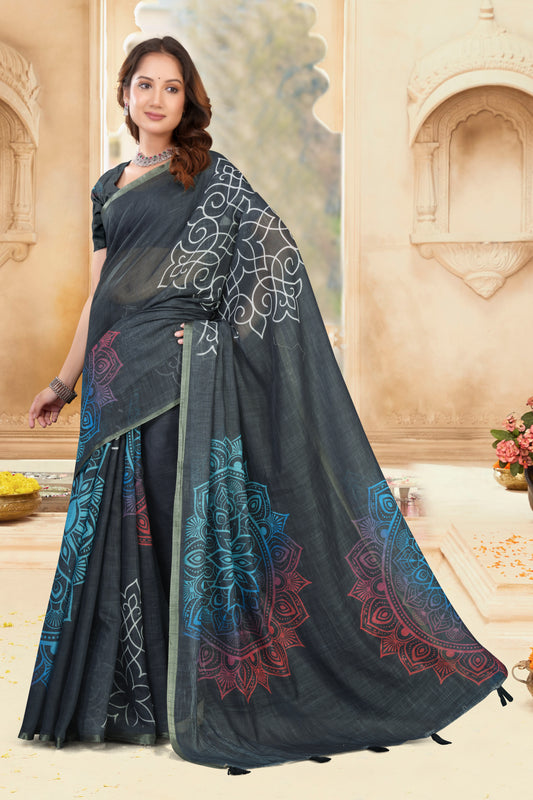 Black Linen Saree with Abstract Mandala Print and Gold Zari Border