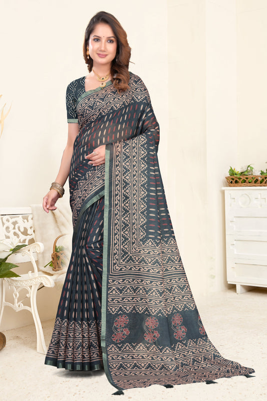 Dark Charcoal Linen Saree with Ajrakh Block Print and Zari Border