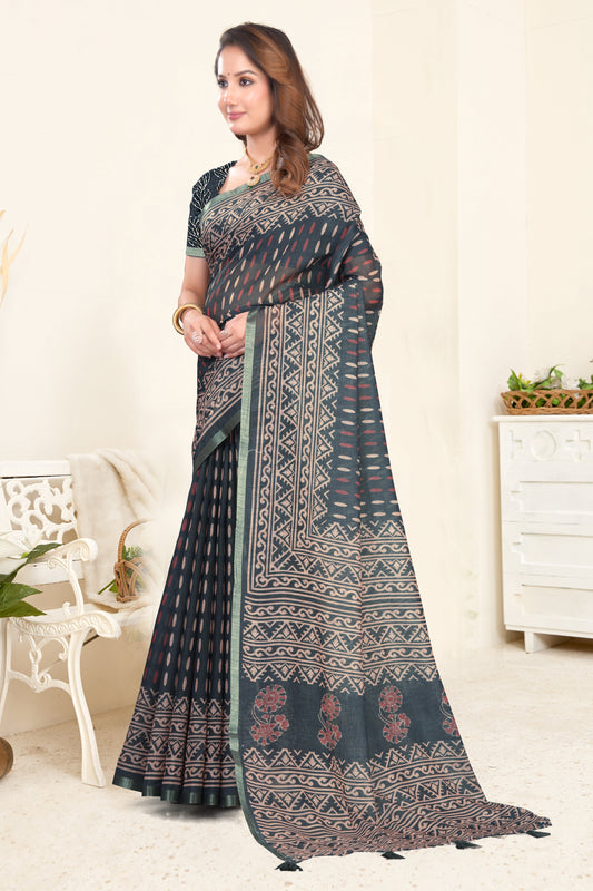 Dark Charcoal Linen Saree with Ajrakh Block Print and Zari Border