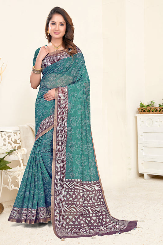 Teal Green Linen Saree with White Botanical Line-Art Block Print and Gold Zari Border