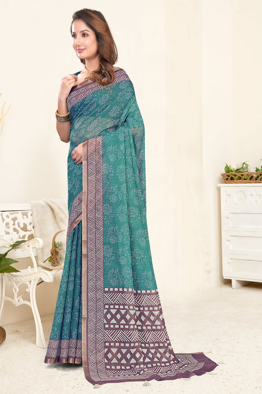 Teal Green Linen Saree with White Botanical Line-Art Block Print and Gold Zari Border