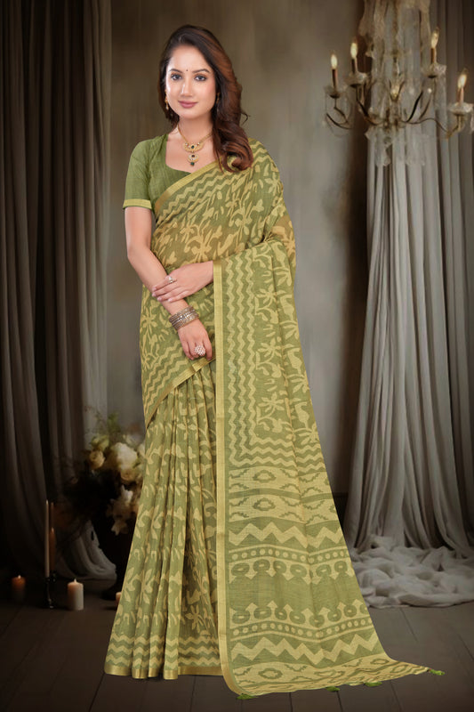 Olive Green Linen Saree with Batik Print and Gold Zari Border