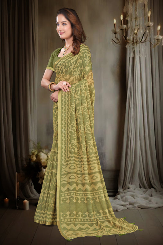 Olive Green Linen Saree with Batik Print and Gold Zari Border
