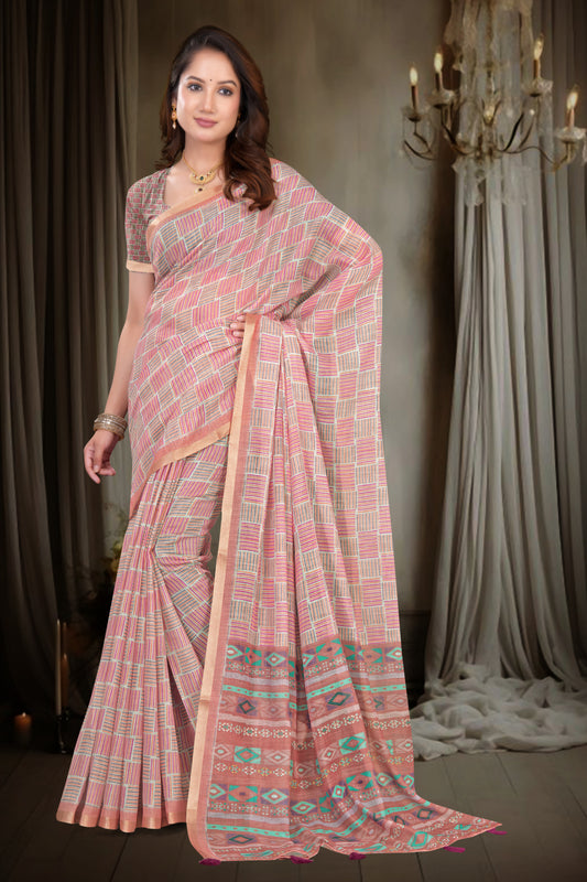 Pink Linen Saree with Geometric Mosaic Block Print and Gold Zari Border