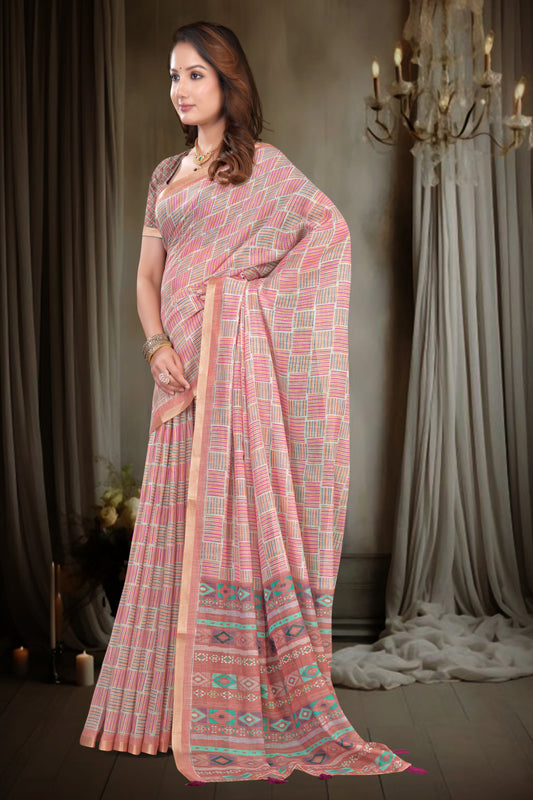Pink Linen Saree with Geometric Mosaic Block Print and Gold Zari Border