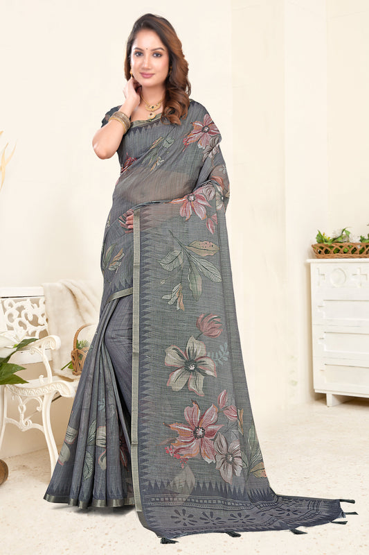 Grey Linen Saree with Rose and Sage Botanical Print and Gold Zari Border