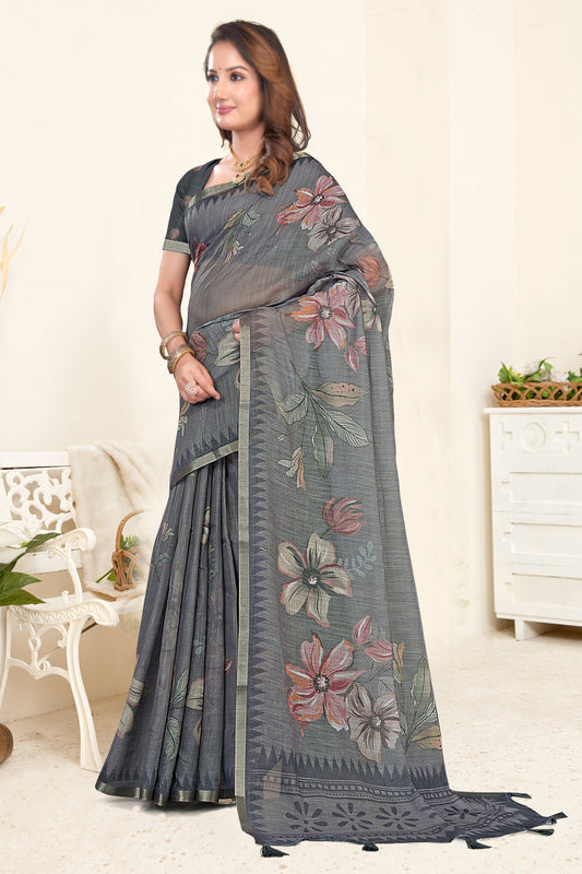 Grey Linen Saree with Rose and Sage Botanical Print and Gold Zari Border