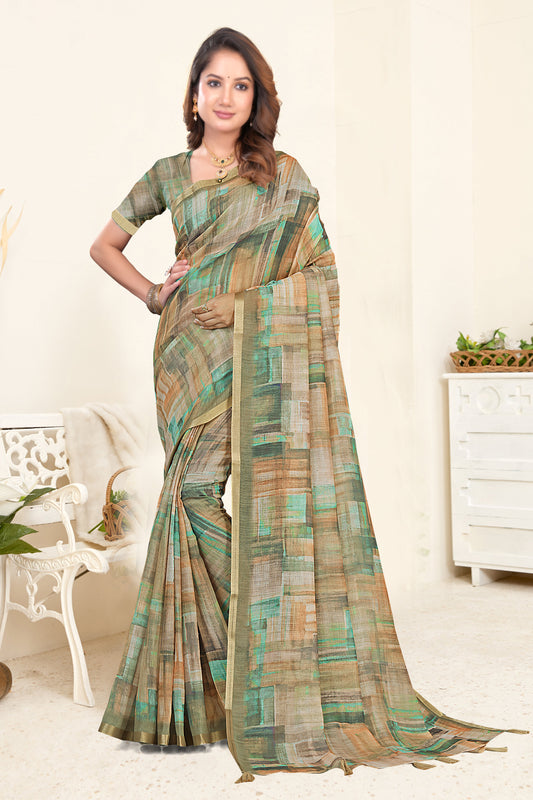 Linen Saree with Abstract Mosaic Brushstroke Print and Gold Zari Border