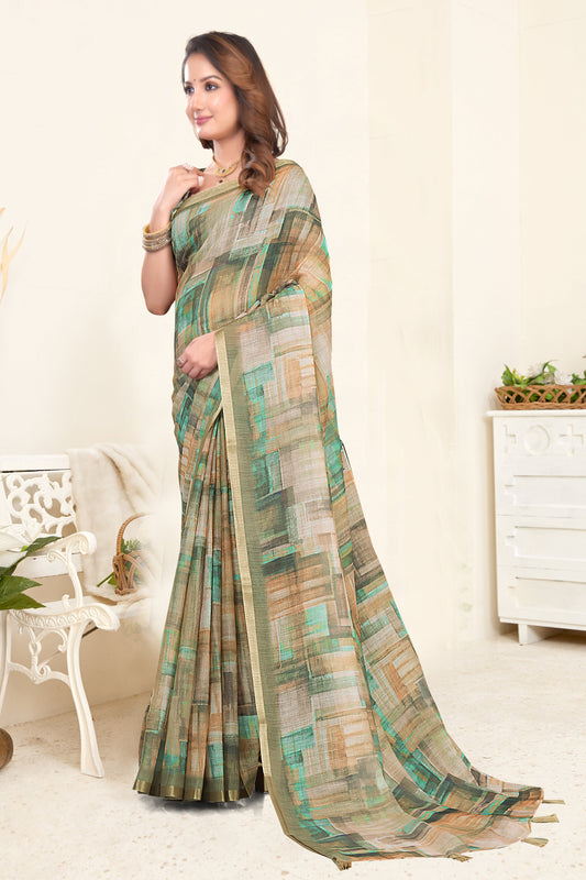 Linen Saree with Abstract Mosaic Brushstroke Print and Gold Zari Border