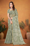 Sage Green Linen Saree with White Paisley Block Print and Gold Zari Border