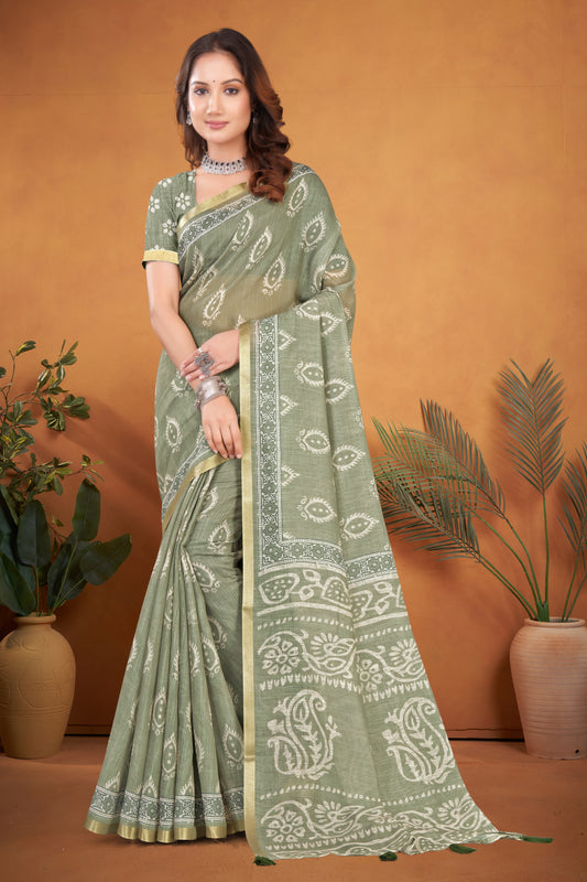 Sage Green Linen Saree with White Paisley Block Print and Gold Zari Border