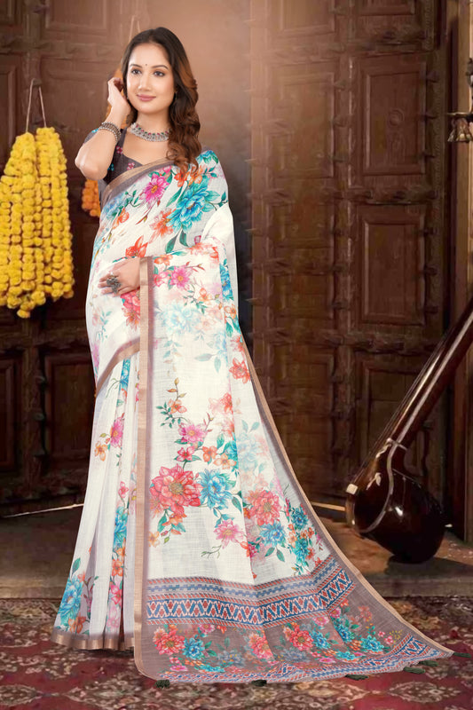Linen Saree with Vibrant Multi-Colour Floral Print and Gold Zari Border