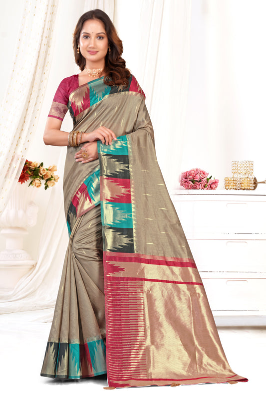 Octane Silk Woven Saree with Temple Zari Border