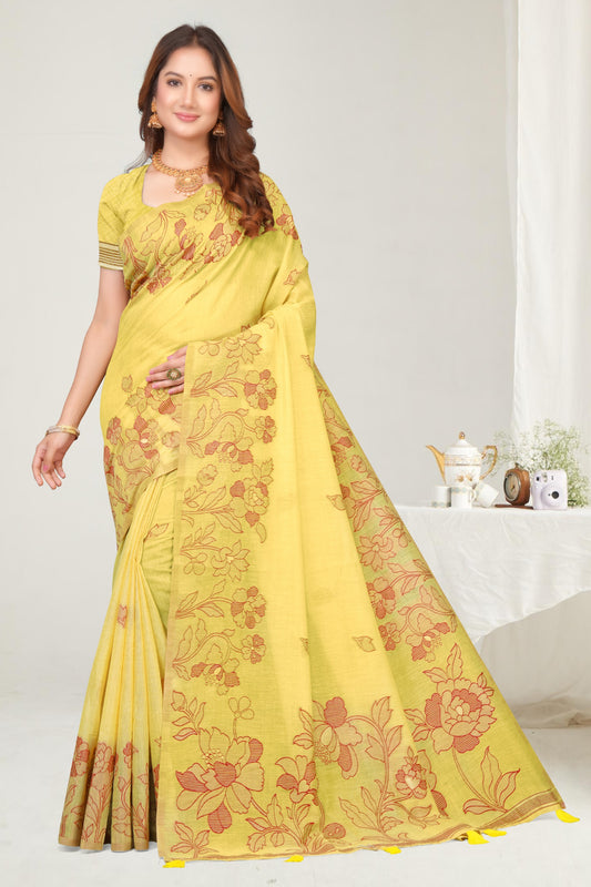 Woven Cotton Saree with Elegant Floral Jacquard Weave in Multi-Colour
