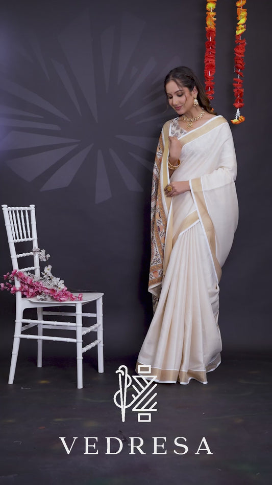 Cream Cotton Saree with Heritage Madhubani Inspired Pallu