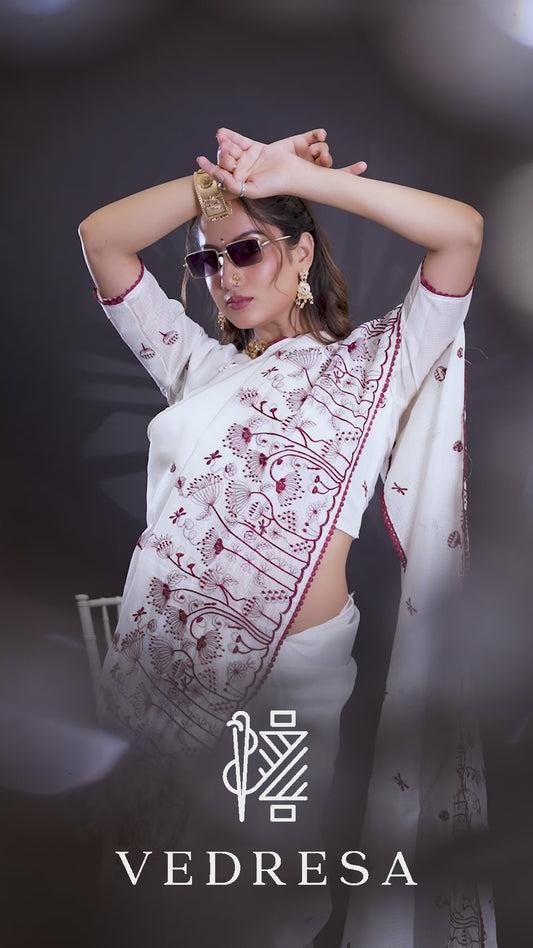Cream & Maroon South Cotton Saree with Pure Floral Embroidery Border
