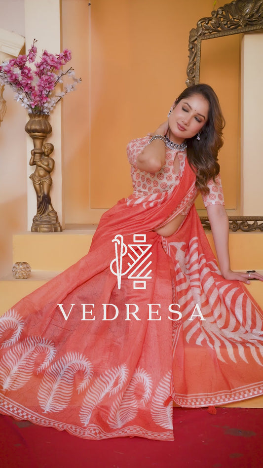 Coral Orange Cotton Saree with White Abstract Fern Batik Print