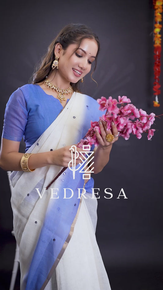 White South Cotton Saree with Handloom Mirror Work