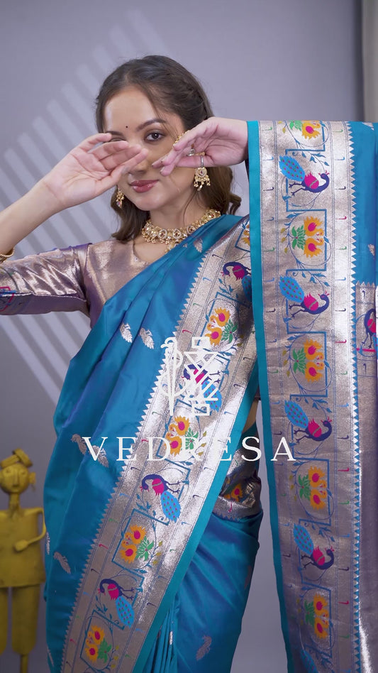 Paithani Silk Saree with Peacock Motifs Floral Woven Border