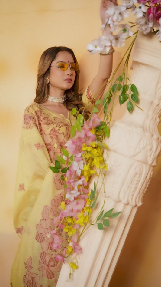 Ready-to-Wear Woven Cotton Saree with Pre-Draped Floral Jacquard