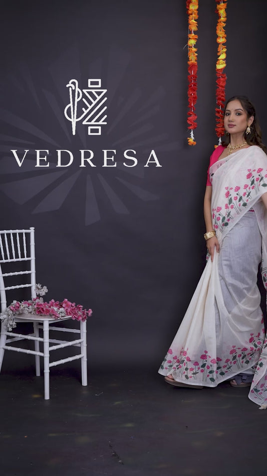 White South Cotton Saree with Floral Print Border
