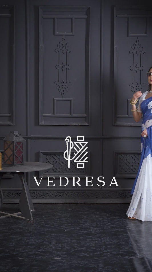 Sea Blue Cotton Saree with Royal Blue and White Batik Splatter Print