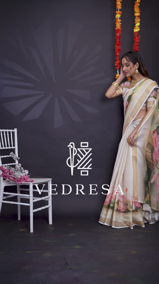 Cream Cotton Saree with Lotus Floral Print
